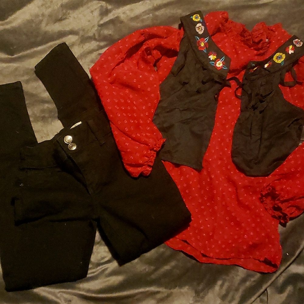 Mudd jeans and red blouse with vest bundle
